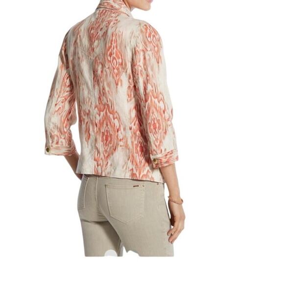 Chico’s Linen Blend Jacket Size 2 Large Peach Coral Abstract Print - Picture 2 of 10
